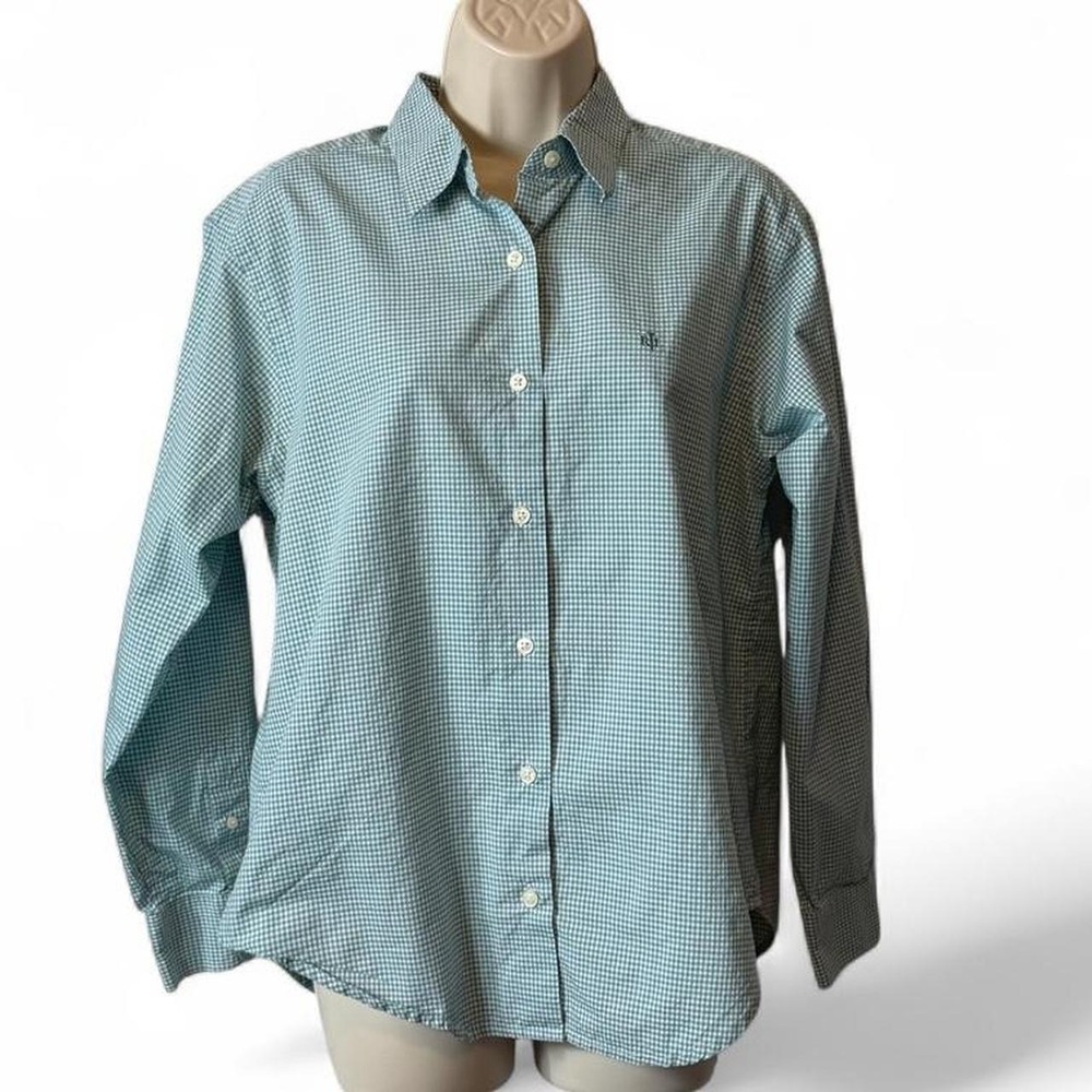 Vintage 90s Ralph Lauren Teal Gingham Button Up Shirt, Women's Size 12P